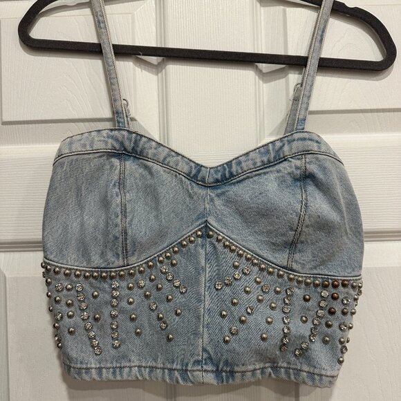 Blank NYC Tops - Blank NYC Women's Light Wash Starstruck Embellished Denim Crop Top